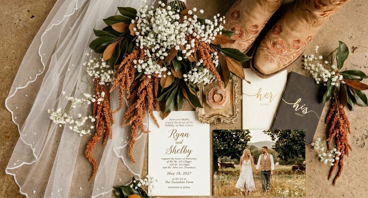 Bridal bouquet, veil, boots and ring box laid out together