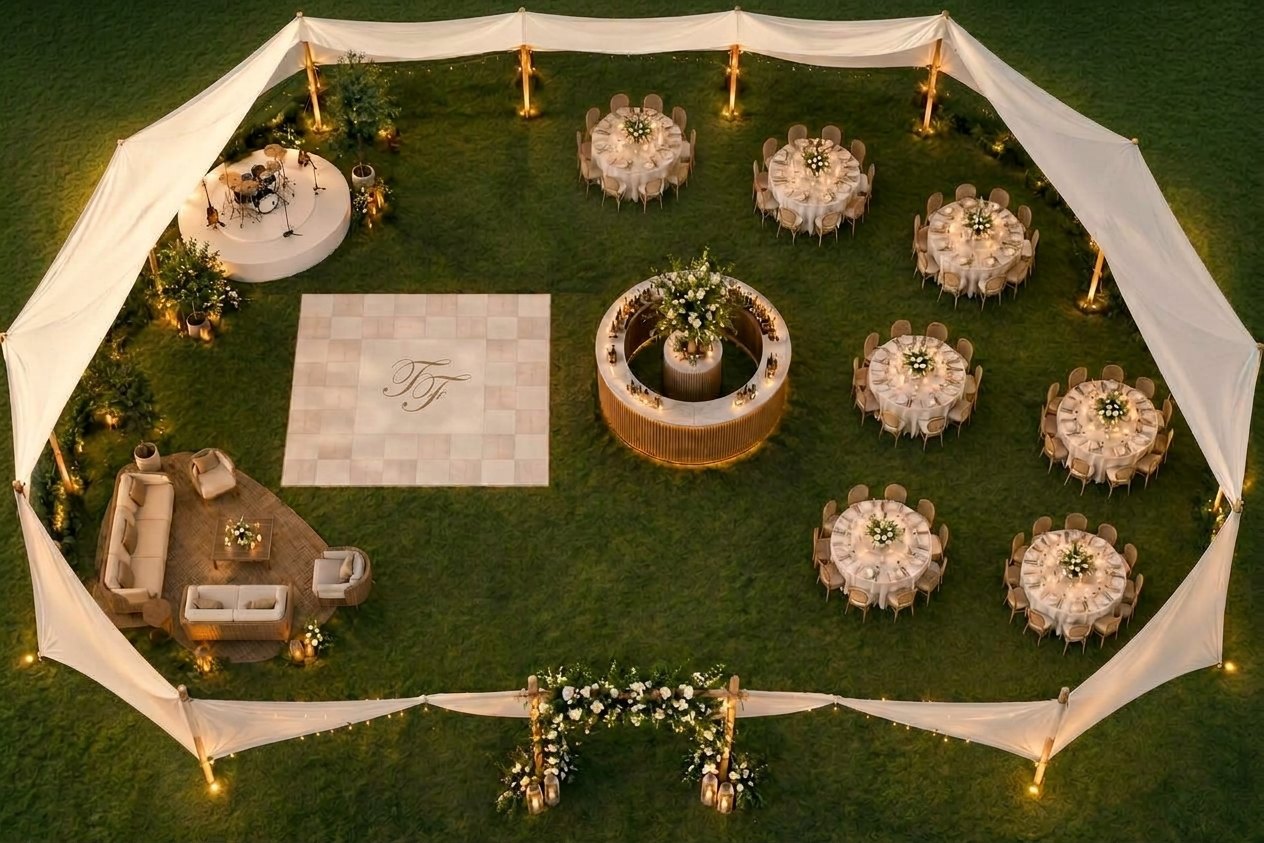 Overhead view of a sample layout inside the tent with tables, dance floor, bar, stage and lounge